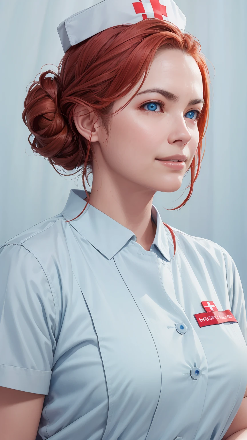 ((((masterpiece, best quality, high resolution)))), Extremely detailed 8K, Beautiful girl with voluptuous body, (Ultra HD, Ultra-detailed, Highly detailed, Highly realistic, Ultra-realistic, photograph realistic), (1girl:1.5), (Realistic red hair), A stunning portrait of a woman dressed as a nurse, exuding both elegance and professionalism. She wears a pristine white nurse uniform with a red cross on the cap, a gentle smile playing on her lips. Her long, auburn hair is styled in a classic updo, and her blue eyes sparkle with warmth and compassion. The background features soft, pastel colors and a subtle medical motif, creating a soothing and comforting atmosphere.