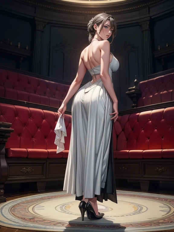 (Highest quality,8k,masterpiece:1.2),Very detailed,One Girl, Gray two-tone hair,dress,Long skirt,Beautifully detailed face, Complex,Dramatic lighting,4K,Detailed Background,Caustics,Portraiture,Full Body Shot,Looking at the audience,Rear view, Her ass is firm and nice and round、The curve is clear, Beautiful lighting enhances the overall atmosphere. Full Body Shotで彼女を魅力的に見せましょう.