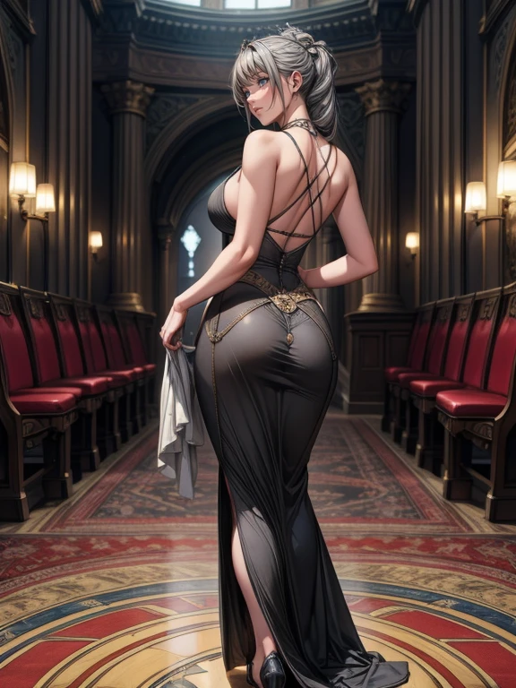 (Highest quality,8k,masterpiece:1.2),Very detailed,One Girl, Gray two-tone hair,dress,Long skirt,Beautifully detailed face, Complex,Dramatic lighting,4K,Detailed Background,Caustics,Portraiture,Full Body Shot,Looking at the audience,Rear view, Her ass is firm and nice and round、The curve is clear, Beautiful lighting enhances the overall atmosphere. Full Body Shotで彼女を魅力的に見せましょう.