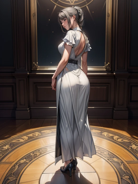 (Highest quality,8k,masterpiece:1.2),Very detailed,One Girl, Gray two-tone hair,dress,Long skirt,Beautifully detailed face, Complex,Dramatic lighting,4K,Detailed Background,Caustics,Portraiture,Full Body Shot,Looking at the audience,Rear view, Her ass is firm and nice and round、The curve is clear, Beautiful lighting enhances the overall atmosphere. Full Body Shotで彼女を魅力的に見せましょう.