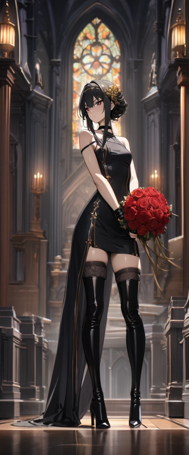 UHD, masterpiece, High Quality, High details, church, moon light, midnight, YorForger, 1girl, black hair, red eyes, short hair with long locks, gold hairband,hair flower, black choker, black dress, sleeveless, off shoulder, fingerless gloves, black footwear, thigh high heel boots, slim arms, slim legs, full body pose, seductive pose, front view, standing up, cross legs, hands holding red bouquet of flowers