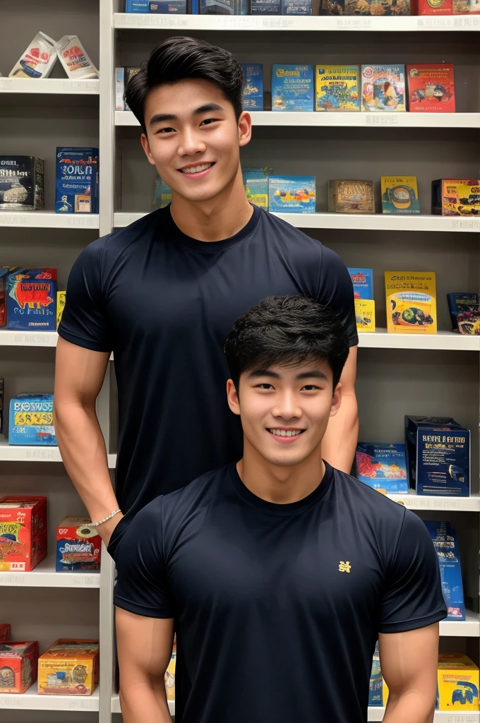 single: 1.5, (ที่TRUEแล้ว, Masterpiece, 8k HD, good light quality, sportswear, to fit the face, complicated details), A handsome Korean man with muscular arms.. , 20 years old, be happy, smile brightly, detailed face, delicate eyes, look at the sky, Wear a navy tight T-shirt.:1.6 ., black eyes, Black hair color, ผมsmooth, smooth，SurTRUE，Excellent details，Highest quality，TRUE，Open your mouth to talk.. , Close your eyes.., (standing in a toy store:1.1)