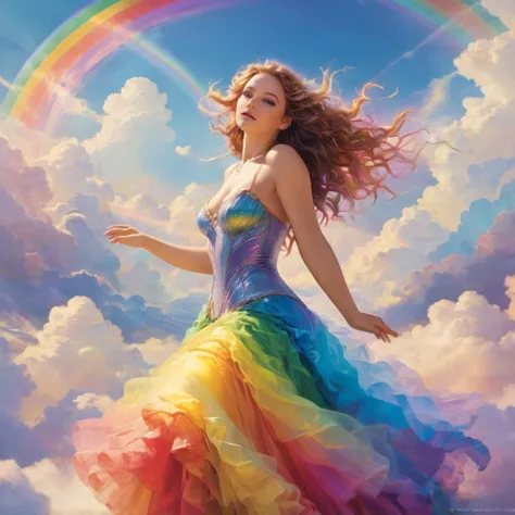 A stunningly ethereal woman, composed of a dazzling array of rainbow hues, lays gracefully on fluffy clouds in the sky. Bathed i...