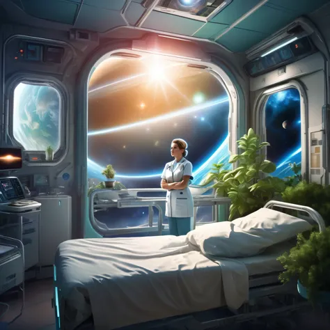 masterpiece, best quality, high resolution, realistic, detailed, female nurse, science fiction hospital room in planetary orbit,...