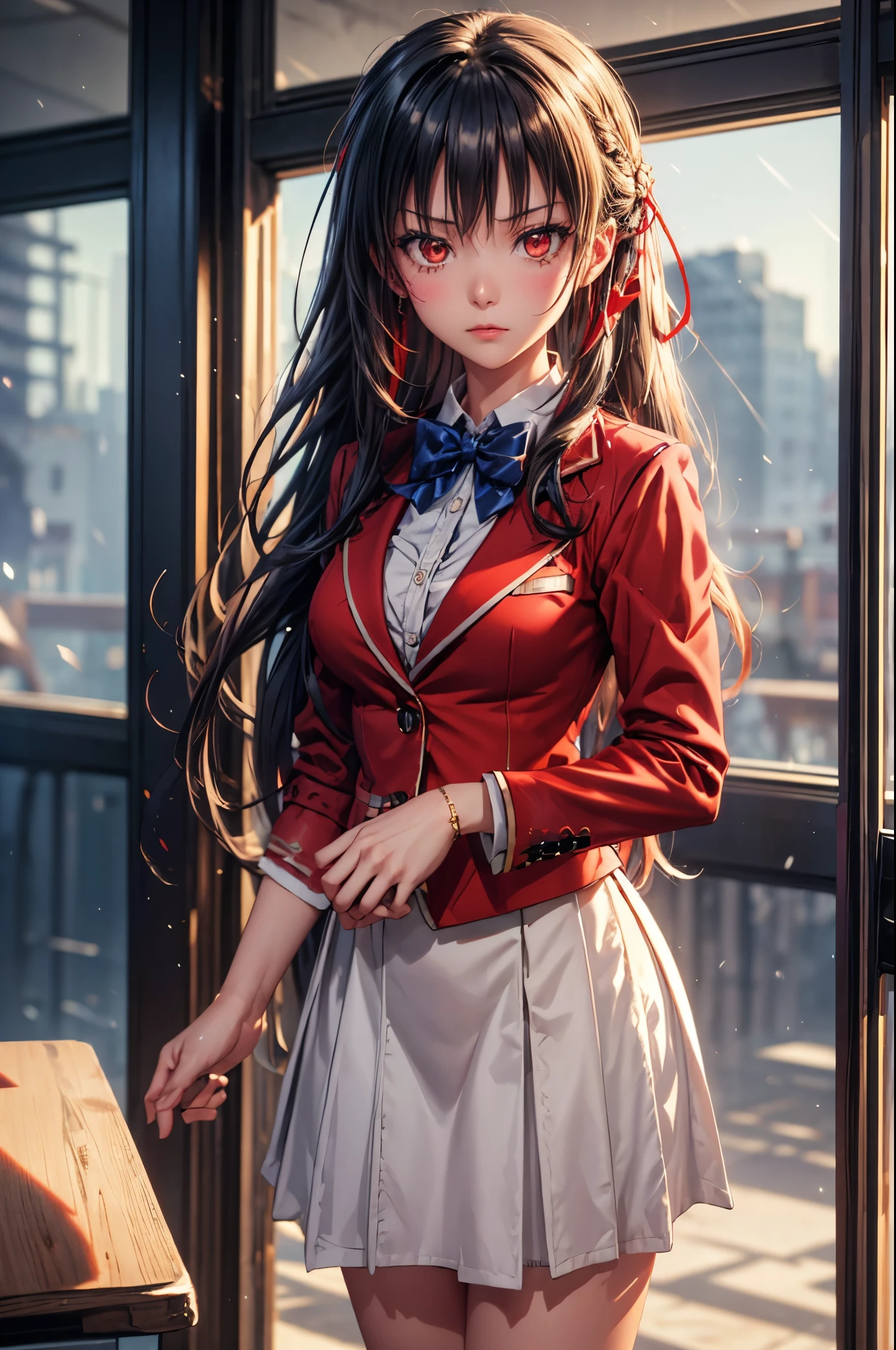 Suzune Horikita, suzune horikita, Long Hair, Black Hair, (Red eyes:1.3), Hair Ribbon, Braiding,
break bow, , Jacket, bow tie, blue bow tie, blazer, (red blazer:1.5), skirt, white skirt,
break indoors, classroom,
break looking at viewer, (Cowboy Shot:1.5),
break (masterpiece:1.2), Highest quality, High resolution, unity 8k wallpaper, (figure:0.8), (Beautiful attention to detail:1.6), Highly detailed face, Perfect lighting, Highly detailed CG, (Perfect hands, Perfect Anatomy), bokeh photography, (soft focus):1.2, out-of-focus highlights, dreamy ambiance, glowing circles, mesmerizing depth