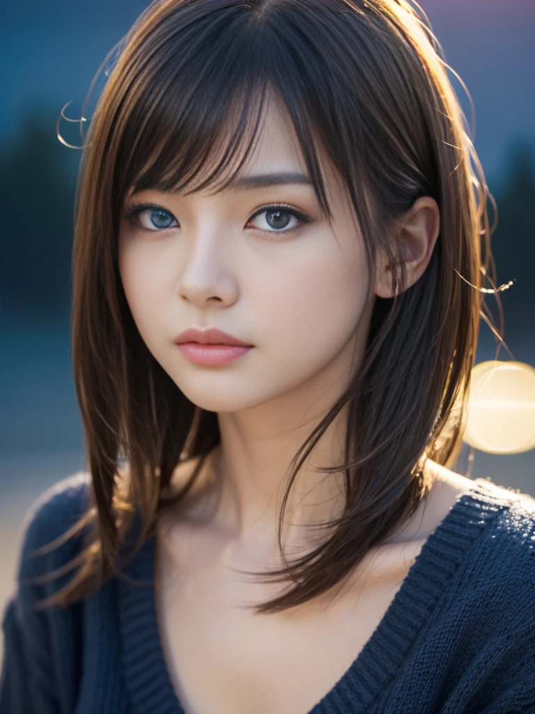 masterpiece, Highest quality, Very detailed, 複雑に詳細なSuper detailed, Realistic, Sharp features, Very detailed, Sharp focus, 19 years old, (Japanese sophisticated model), Perfect Face, Perfect and delicate blue eyes, Perfect Plump Lips, Flexible female form, Cinematic, Super detailed, hyper Realistic, High resolution, Vibrant, Dark fantasy, ((Deep Blue Hour)), Light brown hair, Messy Hair, Small breasts, Black sweater, Portraiture, head shot,