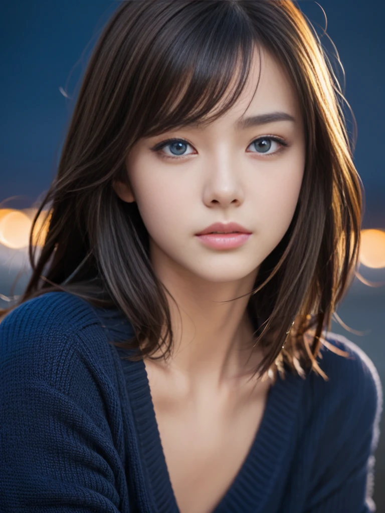 masterpiece, Highest quality, Very detailed, 複雑に詳細なSuper detailed, Realistic, Sharp features, Very detailed, Sharp focus, 19 years old, (Japanese sophisticated model), Perfect Face, Perfect and delicate blue eyes, Perfect Plump Lips, Flexible female form, Cinematic, Super detailed, hyper Realistic, High resolution, Vibrant, Dark fantasy, ((Deep Blue Hour)), Light brown hair, Messy Hair, Small breasts, Black sweater, Portraiture, head shot,