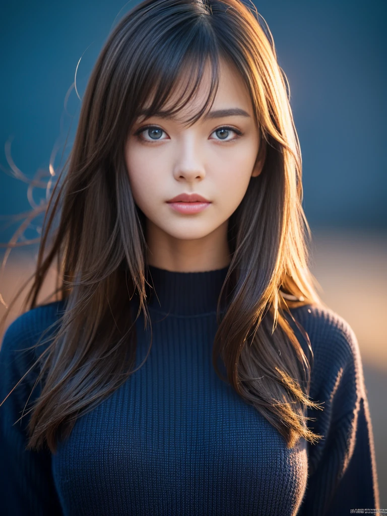 masterpiece, Highest quality, Very detailed, 複雑に詳細なSuper detailed, Realistic, Sharp features, Very detailed, Sharp focus, 19 years old, (Japanese sophisticated model), Perfect Face, Perfect and delicate blue eyes, Perfect Plump Lips, Flexible female form, Cinematic, Super detailed, hyper Realistic, High resolution, Vibrant, Dark fantasy, ((Deep Blue Hour)), Light brown hair, Messy Hair, Small breasts, Black sweater, Portraiture, head shot,