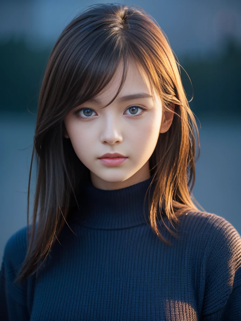 masterpiece, Highest quality, Very detailed, 複雑に詳細なSuper detailed, Realistic, Sharp features, Very detailed, Sharp focus, 19 years old, (Japanese sophisticated model), Perfect Face, Perfect and delicate blue eyes, Perfect Plump Lips, Flexible female form, Cinematic, Super detailed, hyper Realistic, High resolution, Vibrant, Dark fantasy, ((Deep Blue Hour)), Light brown hair, Messy Hair, Small breasts, Black sweater, Portraiture, head shot,