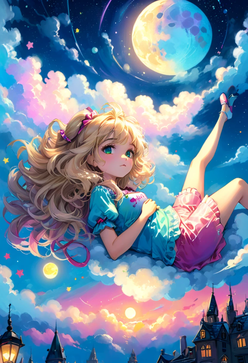 eine wunderschöne 20-jährige blonde Frau mit großen, unordentlichen Haaren, auf einer flauschigen Wolke am Himmel liegend, mit leuchtendem Mond und funkelnden Sternen, mit einer kleinen Stadtansicht darunter, Fantasy-Kunststil, rossdraws cartoon lebendige, alice in wonderland cyberpunk, süße detaillierte digitale Kunst, colorfull digitale Fantasy-Kunst, digitale Fantasy-Kunst ), glänzende digitale Malerei, Rossdraws Pastell lebendig, rossdraws 2. 5, 1 von 1. 0