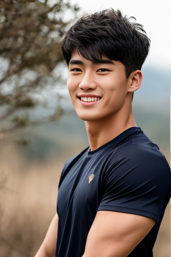 single: 1.5, (ที่TRUEแล้ว, Masterpiece, 8k HD, good light quality, sportswear, to fit the face, complicated details), A handsome Korean man with muscular arms.. , 20 years old, be happy, smile brightly, detailed face, delicate eyes, look at the sky, Wear a navy tight T-shirt.:1.6 ., black eyes, Black hair color, ผมsmooth, smooth，SurTRUE，Excellent details，Highest quality，TRUE，Open your mouth to talk.. , Close your eyes.., (large field:1.5)