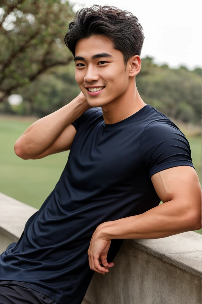 single: 1.5, (ที่TRUEแล้ว, Masterpiece, 8k HD, good light quality, sportswear, to fit the face, complicated details), A handsome Korean man with muscular arms.. , 20 years old, be happy, smile brightly, detailed face, delicate eyes, look at the sky, Wear a navy tight T-shirt.:1.6 ., black eyes, Black hair color, ผมsmooth, smooth，SurTRUE，Excellent details，Highest quality，TRUE，Open your mouth to talk.. , Close your eyes.., (large field:1.5)