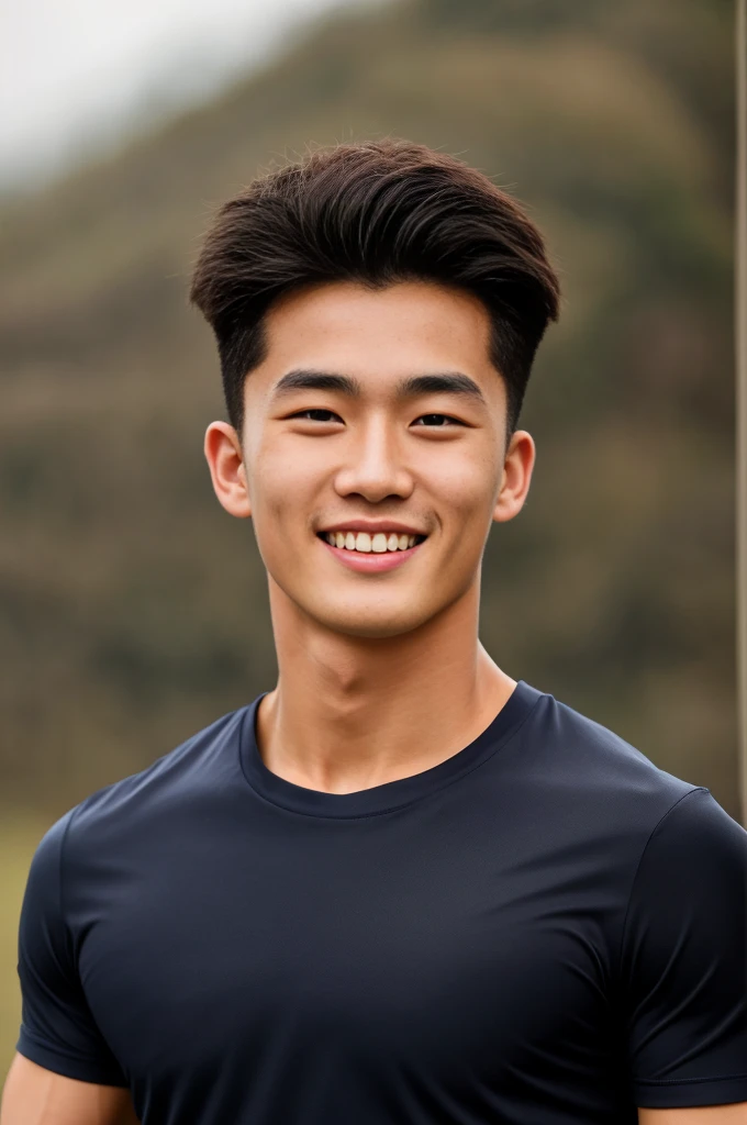 single: 1.5, (ที่TRUEแล้ว, Masterpiece, 8k HD, good light quality, sportswear, to fit the face, complicated details), A handsome Korean man with muscular arms.. , 20 years old, be happy, smile brightly, detailed face, delicate eyes, look at the sky, Wear a navy tight T-shirt.:1.6 ., black eyes, Black hair color, ผมsmooth, smooth，SurTRUE，Excellent details，Highest quality，TRUE，Open your mouth to talk.. , Close your eyes.., (large field:1.5)