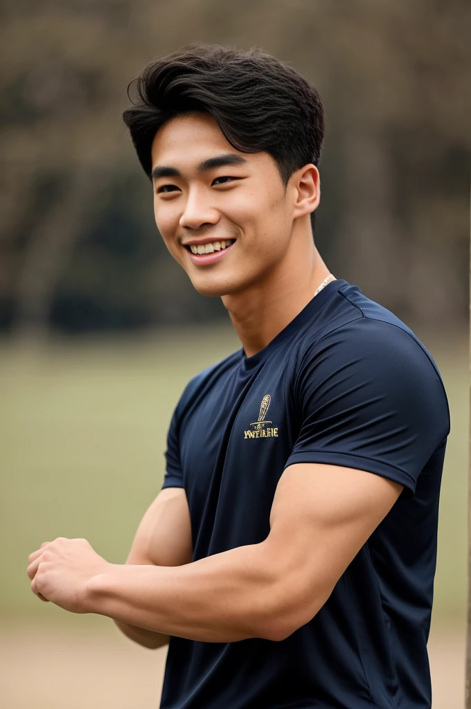 single: 1.5, (ที่TRUEแล้ว, Masterpiece, 8k HD, good light quality, sportswear, to fit the face, complicated details), A handsome Korean man with muscular arms.. , 20 years old, be happy, smile brightly, detailed face, delicate eyes, look at the sky, Wear a navy tight T-shirt.:1.6 ., black eyes, Black hair color, ผมsmooth, smooth，SurTRUE，Excellent details，Highest quality，TRUE，Open your mouth to talk.. , Close your eyes.., (large field:1.5)