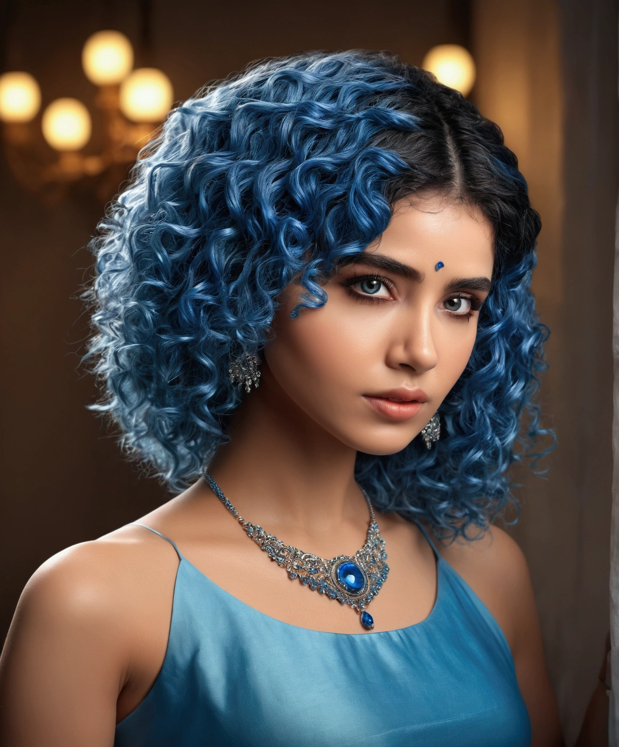 a beautiful woman with blue hair, detailed hair and face, wearing a blue dress, standing and looking at the viewer, with a necklace and hair ornament, (best quality,4k,8k,highres,masterpiece:1.2),ultra-detailed,(realistic,photorealistic,photo-realistic:1.37),HDR,UHD,studio lighting,ultra-fine painting,sharp focus,physically-based rendering,extreme detail description,professional,vivid colors,bokeh,Medusa,vector, anupama 