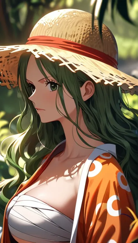 masterpiece, best quality), intricate details, 1 girl, woman, green hair, nami \ (one piece\), (long hair), shirt, white shirt, ...