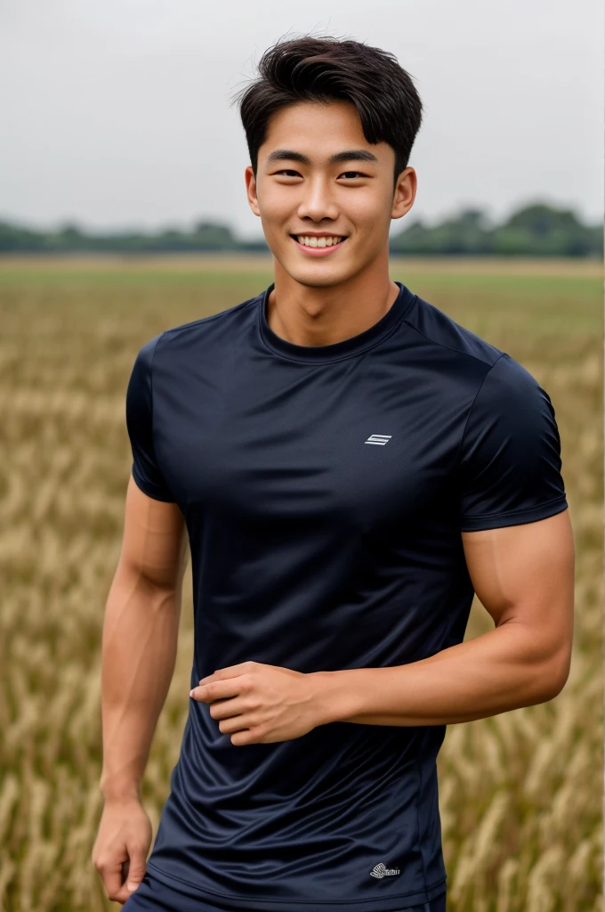 single: 1.5, (ที่TRUEแล้ว, Masterpiece, 8k HD, good light quality, sportswear, to fit the face, complicated details), A handsome Korean man with muscular arms.. , 20 years old, be happy, smile brightly, detailed face, delicate eyes, look at the sky, Wear a navy tight T-shirt.:1.6 ., black eyes, Black hair color, ผมsmooth, smooth，SurTRUE，Excellent details，Highest quality，TRUE，Open your mouth to talk.. , Close your eyes.., (large field:1.5)