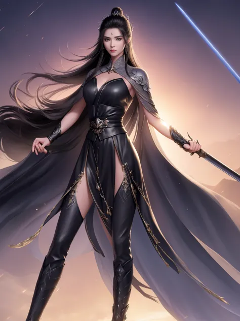 1 girl, mature female,sword-like eyebrows and starry eyes, black tight clothes, long sword in hand, flowing cloak, long hair tie...