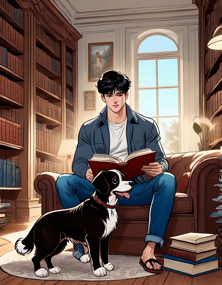 Young man with short wavy black hair, blue eyes, reading a book beside his dog in a library, high-fidelity rendering illustration, romanticism art style, full-body front view, shelves filled with books, pastoral paintings on walls, daylight streaming through windows, muscle tee, blue jeans, flip-flop sandals, natural lighting, soft vibrant color composition, ultra-detailed realistic, confident look, perfect anatomy, intricate scene details, volumetric, cinematic.