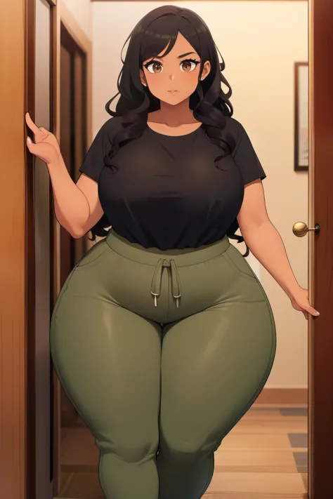 1 young woman, black dark skin, long black curly hair, wearing black shirt joggers, white tucking in shirt, in her house, brown eyes, she notices something, huge hips, thick thighs