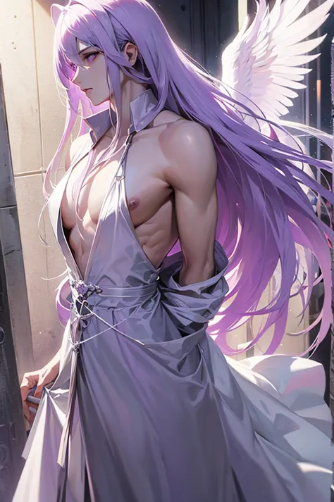 lavender hair, long hair, fluffy hair, purple eyes, pale skin, angel, halo, angel wings, male, man, masculine, thin, tied up, ro...