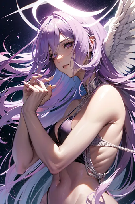 lavender hair, long hair, fluffy hair, purple eyes, pale skin, angel, halo, angel wings, male, man, masculine, thin, tied up, ro...