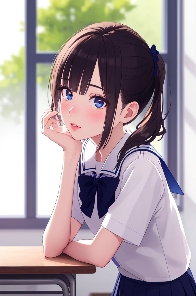 masterpiece, best quality, 4k, 8k, highres, ultra-detailed, photorealistic, realistic, physically-based rendering, HDR, UHD, studio lighting, extremely detailed, professional, vivid colors, sharp focus, bokeh, 1girl, , beautiful detailed eyes, beautiful detailed lips, long eyelashes, black ponytail, large bow, blush, leaning forward, school classroom, blackboard, wooden desk, window, white shirt, navy blue skirt, 