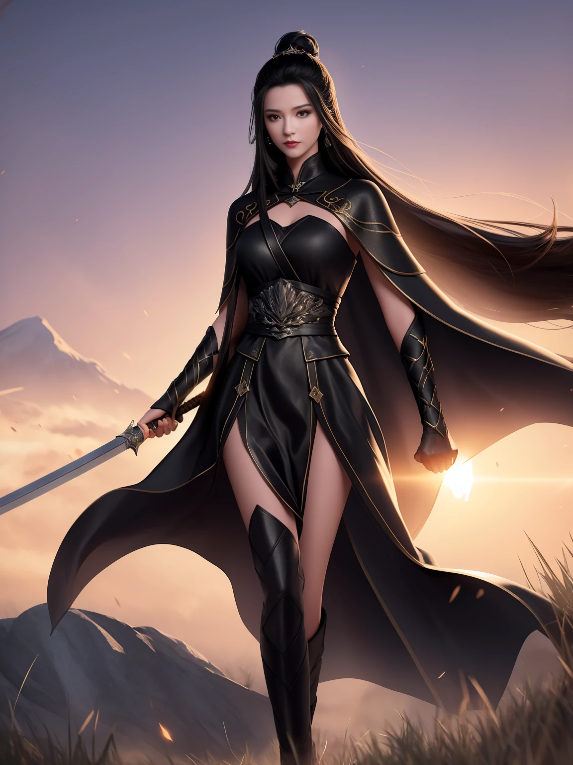 1 Girl, Mature female,
Black outfit, long sword in hand, flowing cape, long hair tied up, showing confidence, dark leather boots, fighting posture, sharp eyes, strong body, brave and fearless, grassland background, sunset, dust flying, two swords crossed