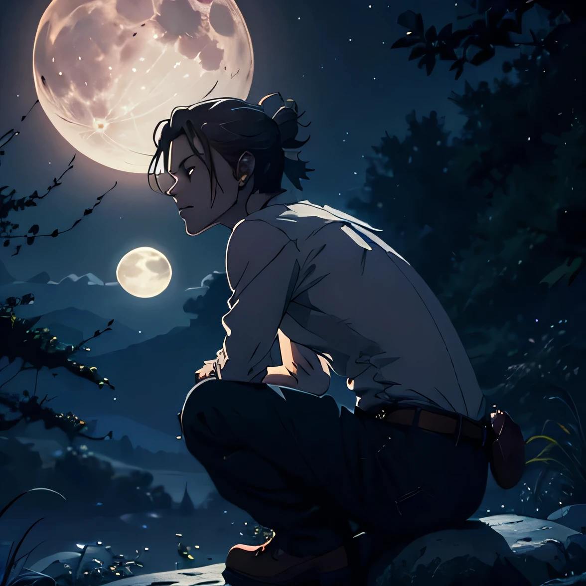 (MAN) On a magical moonlit night, a boy sits gracefully on a stone ledge, his silhouette defined against the soft glow of the luminous moon. His eyes are fixed upon the celestial orb, reflecting the quiet serenity of the night. The moonlight bathes everything in a gentle, ethereal radiance, casting a spell of tranquility over the scene. The world seems to stand still, as if holding its breath in reverence for the enchanting moment. The painting captures the allure and mystery of the night, inviting the viewer to be captivated by the beauty of the moon's silvery embrace. ((high detailed face)) ((same eyes)) ((cowboy shot))