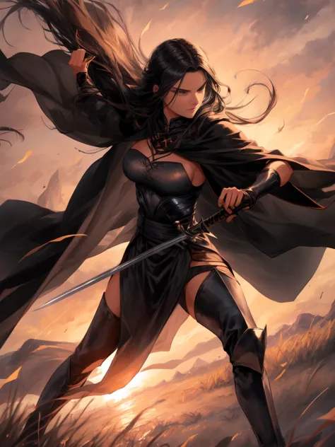 1 girl, mature female,
black outfit, long sword in hand, flowing cape, long hair tied up, showing confidence, dark leather boots...