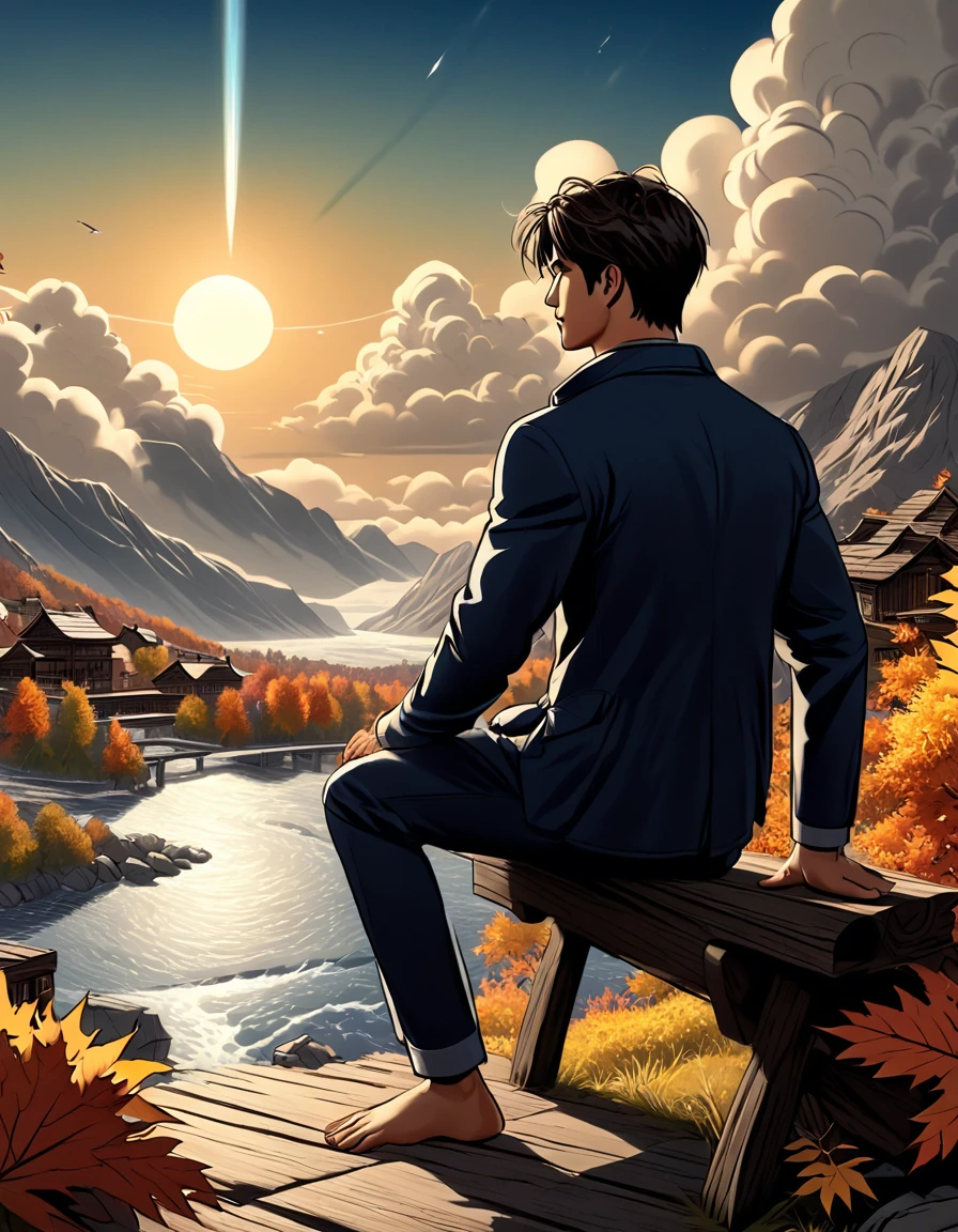 Another colorful autumn ...((full body)), photorealistic, hd, 8k resolution, fullbody, 16k resolution, hd, view from behind, 1 young man, slentder athletic toned body, cimanon skin, gorgeous, perfect anatomy, is sitting by the river watching the sun rice in the background, river, mountains, sun, clouds He is wearing flip flop sandals, dramatic, pacefull scene, centered, symmetry, painted, intricate, volumetric lighting, beautiful, rich deep colors masterpiece, sharp focus, ultra detailed, in the style of dan mumford and marc simonetti, astrophotography