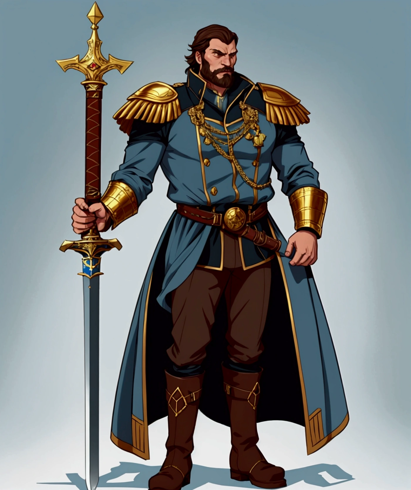 a long, heavy coat, light blue color, typical of a ship's captain. The coat has gold details, large buttons and a high collar, reinforcing its authoritarian air. He wears brown pants and tall, heavy boots suitable for life at sea. He wears a brown or black leather band around his waist, where he holds the scabbard of his sword. Kunkka may also have other decorations, such as captain's insignia or gold chains, reflecting his high status