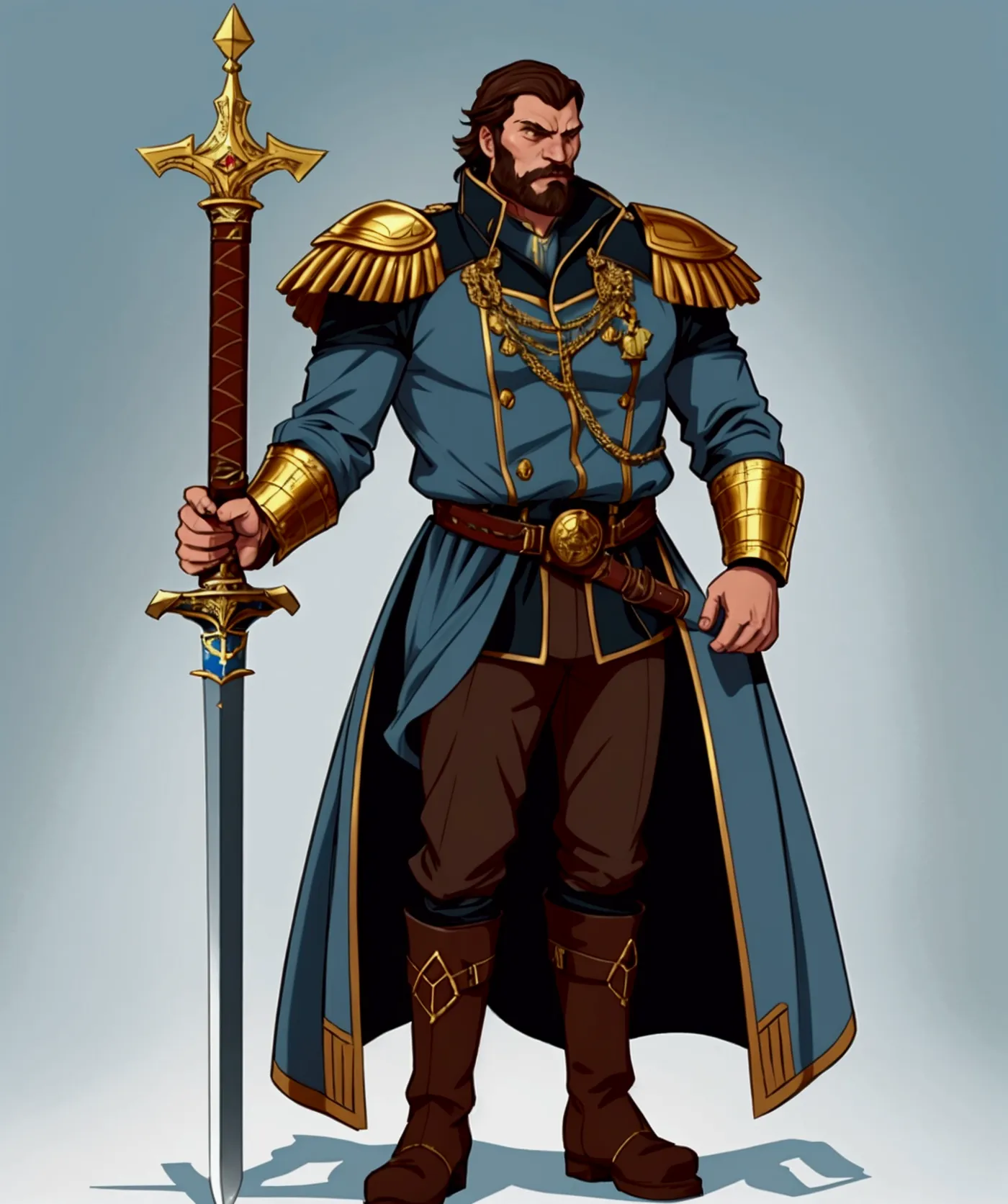 a long, heavy coat, light blue color, typical of a ship's captain. The coat has gold details, large buttons and a high collar, reinforcing its authoritarian air. He wears brown pants and tall, heavy boots suitable for life at sea. He wears a brown or black...