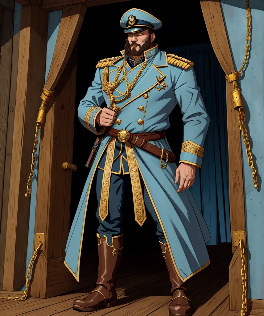 a long, heavy coat, light blue color, typical of a ship's captain. The coat has gold details, large buttons and a high collar, reinforcing its authoritarian air. He wears brown pants and tall, heavy boots suitable for life at sea. He wears a brown or black...