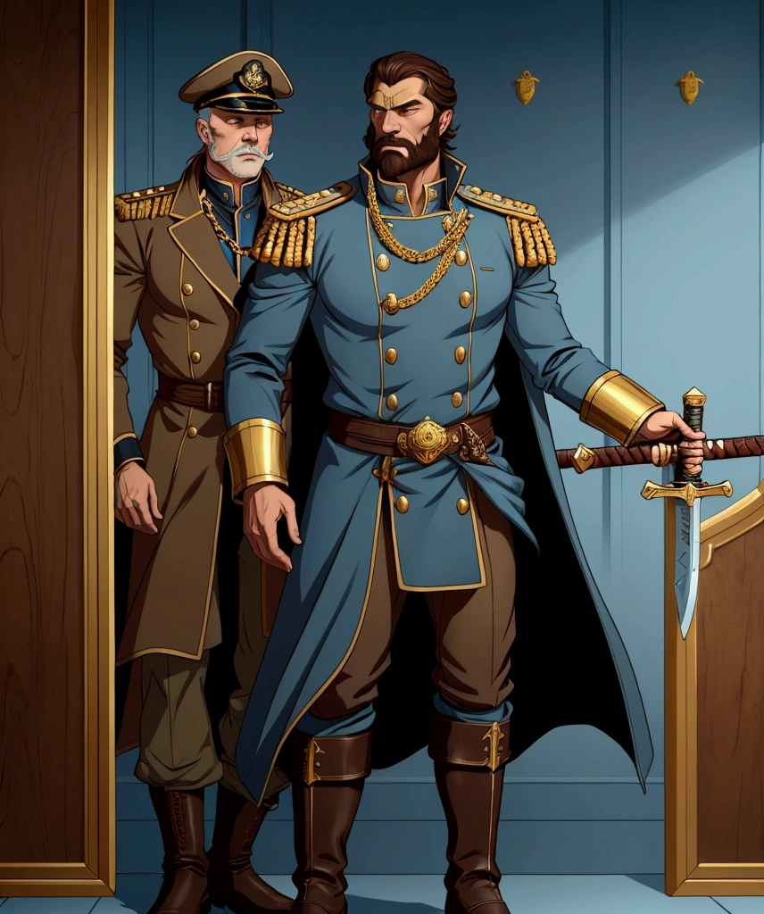 a long, heavy coat, light blue color, typical of a ship's captain. The coat has gold details, large buttons and a high collar, reinforcing its authoritarian air. He wears brown pants and tall, heavy boots suitable for life at sea. He wears a brown or black leather band around his waist, where he holds the scabbard of his sword. Kunkka may also have other decorations, such as captain's insignia or gold chains, reflecting his high status