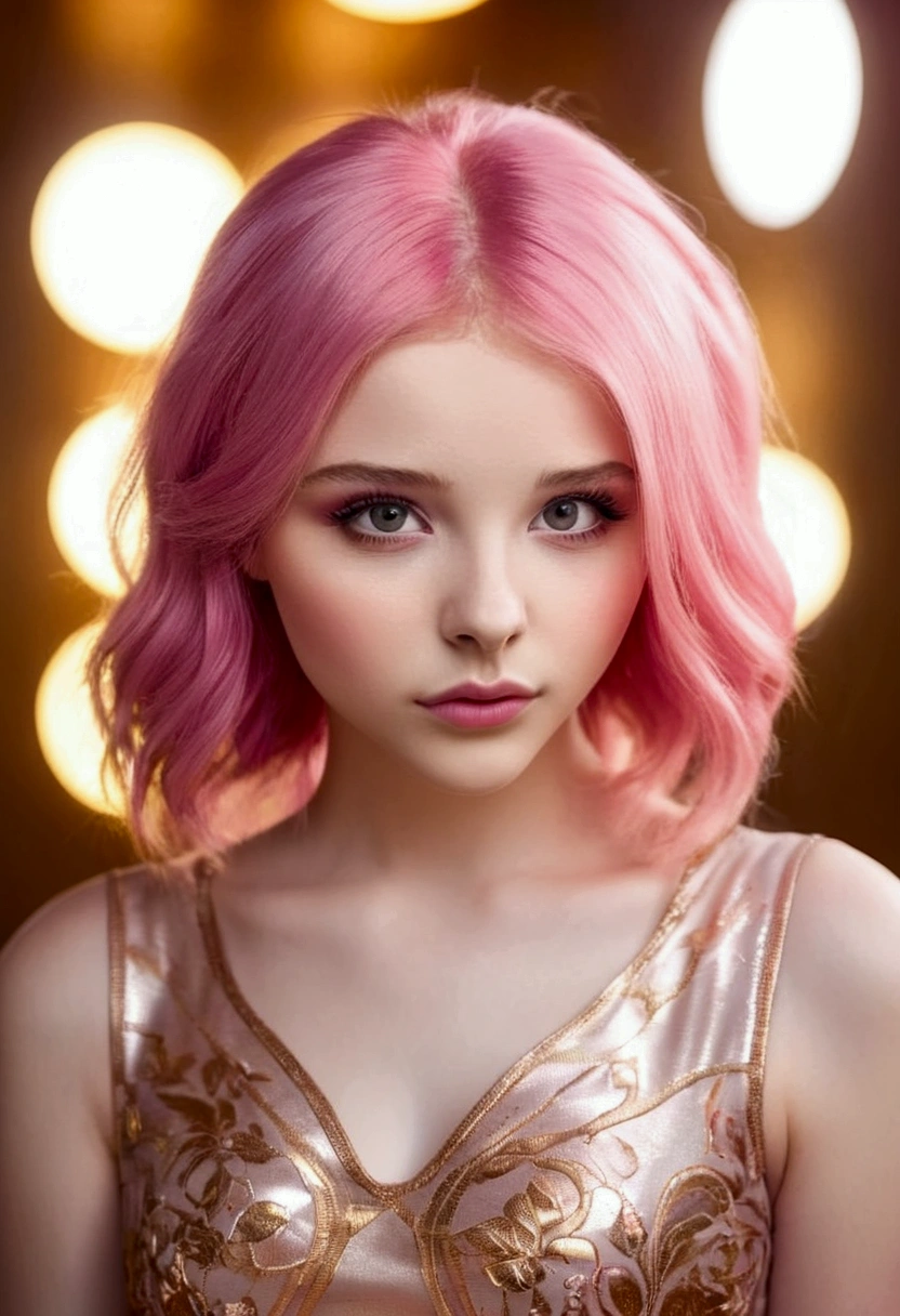 Adorable fair skinned pink haired magenta eyed European and slender young woman pink gold rose gold color theme