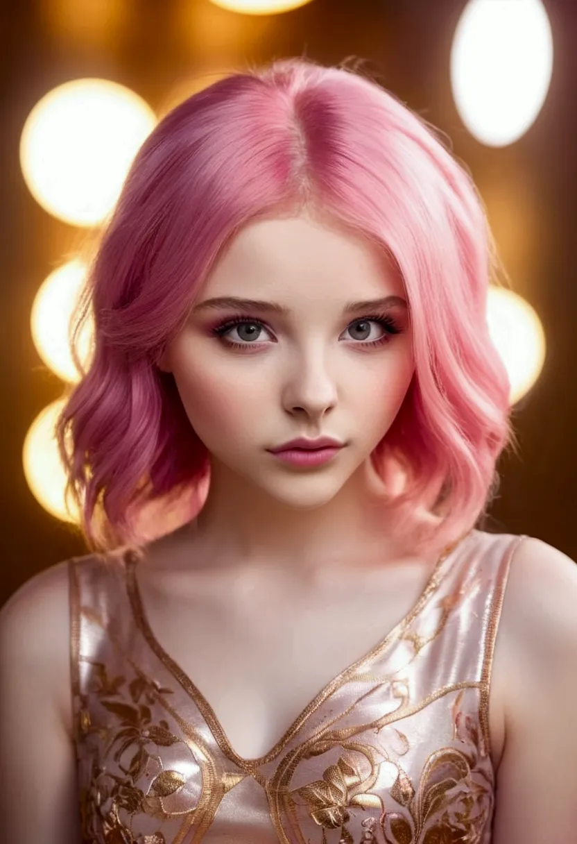 adorable fair skinned pink haired magenta eyed european and slender young woman pink gold rose gold color theme