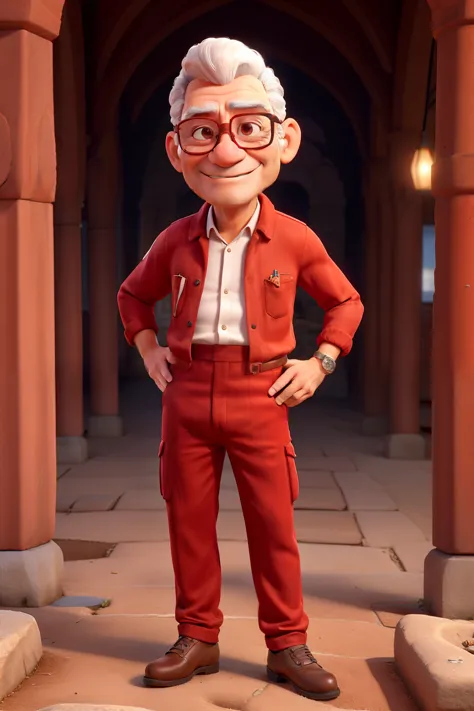 Um senhor de uns 60 anos, com o cabelo na cor branca, Wearing an inner body jumpsuit in Red color, with prescription glasses, mecanico, alta qualidade