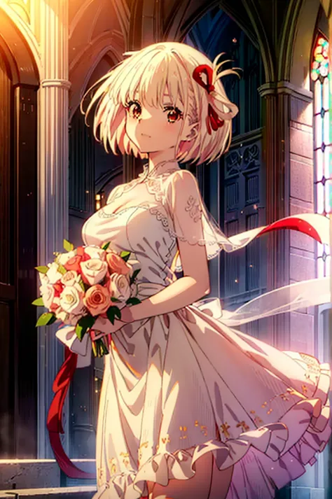 ,chisato nishikigi, short hair, bangs, Blonde, (Red eyes:1.5), hair ribbon, One side up, Bobcut,Wedding dress,Wedding Skirts,Hol...