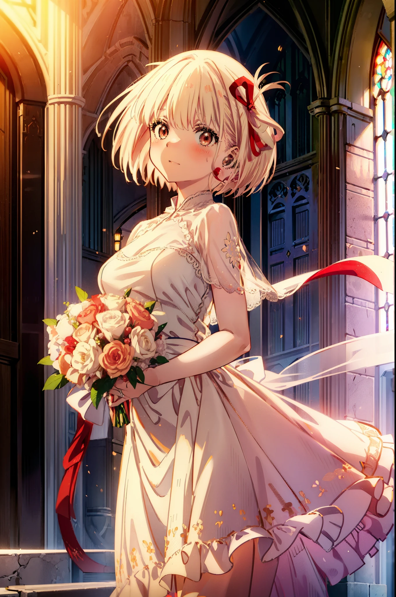 ,chisato nishikigi, short hair, bangs, Blonde, (Red eyes:1.5), hair ribbon, One side up, Bobcut,Wedding dress,Wedding Skirts,Holding a bouquet in both hands,smile,blush,So that the whole body goes into the illustration,Daytime,Clear skies,
break indoors, Chapel,church,
break looking at viewer, Upper Body,(Cowboy Shot:1.5),
break (masterpiece:1.2), Highest quality, High resolution, unity 8k wallpaper, (figure:0.8), (Beautiful attention to detail:1.6), Highly detailed face, Perfect lighting, Highly detailed CG, (Perfect hands, Perfect Anatomy),