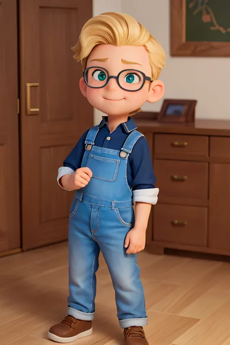 Create an image of a 12-year-old boy. He is of average height and slender build. His light blonde hair is short and slightly tousled. He has large, expressive green eyes with thick lashes, framed by thin-rimmed glasses that give him an intellectual look. Boy has a high, wide forehead, dark, neatly shaped eyebrows, and a slightly upturned nose with small freckles across it. His cheeks often have a light blush, and he has a warm, friendly smile that shows small dimples on his cheeks. His lips are of medium thickness, always ready to smile or ask a question, and his chin is small and rounded, adding softness to his appearance. He should look curious, kind, and intelligent, with an overall appearance that invites friendship and support.