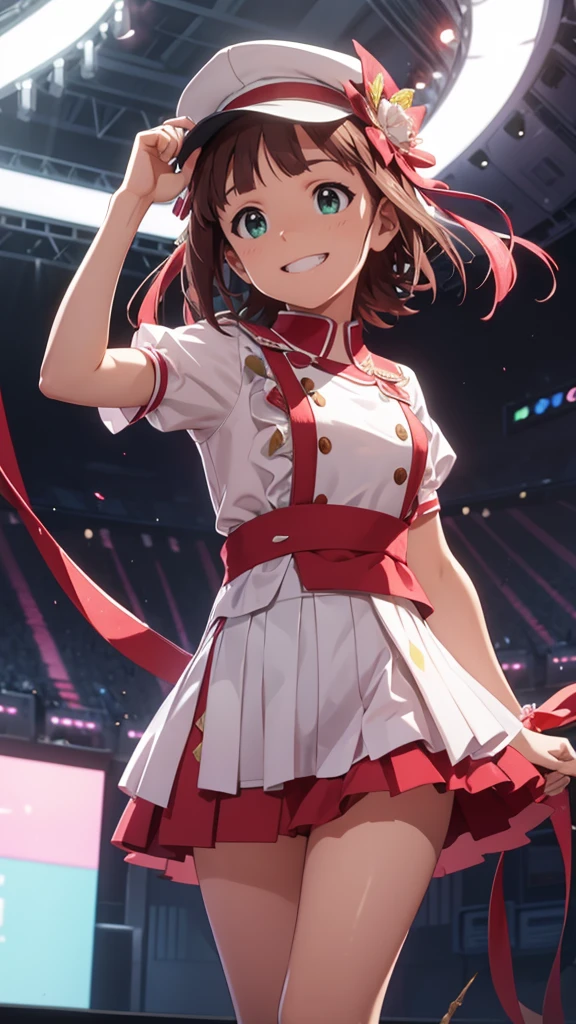 CG, Unity, 8k, wallpaper, Highest quality, masterpiece, One girl, Cheerful girl, 17 years old, Amami Haruka, sing, Please open your mouth wide, Idol Pose, (Bright smile: 1.2), Small symmetrical ribbons on either side of the head, Best lighting, Complex pupil, Intricate weaving, On the shining stage, She is the best idol, Put on a cap