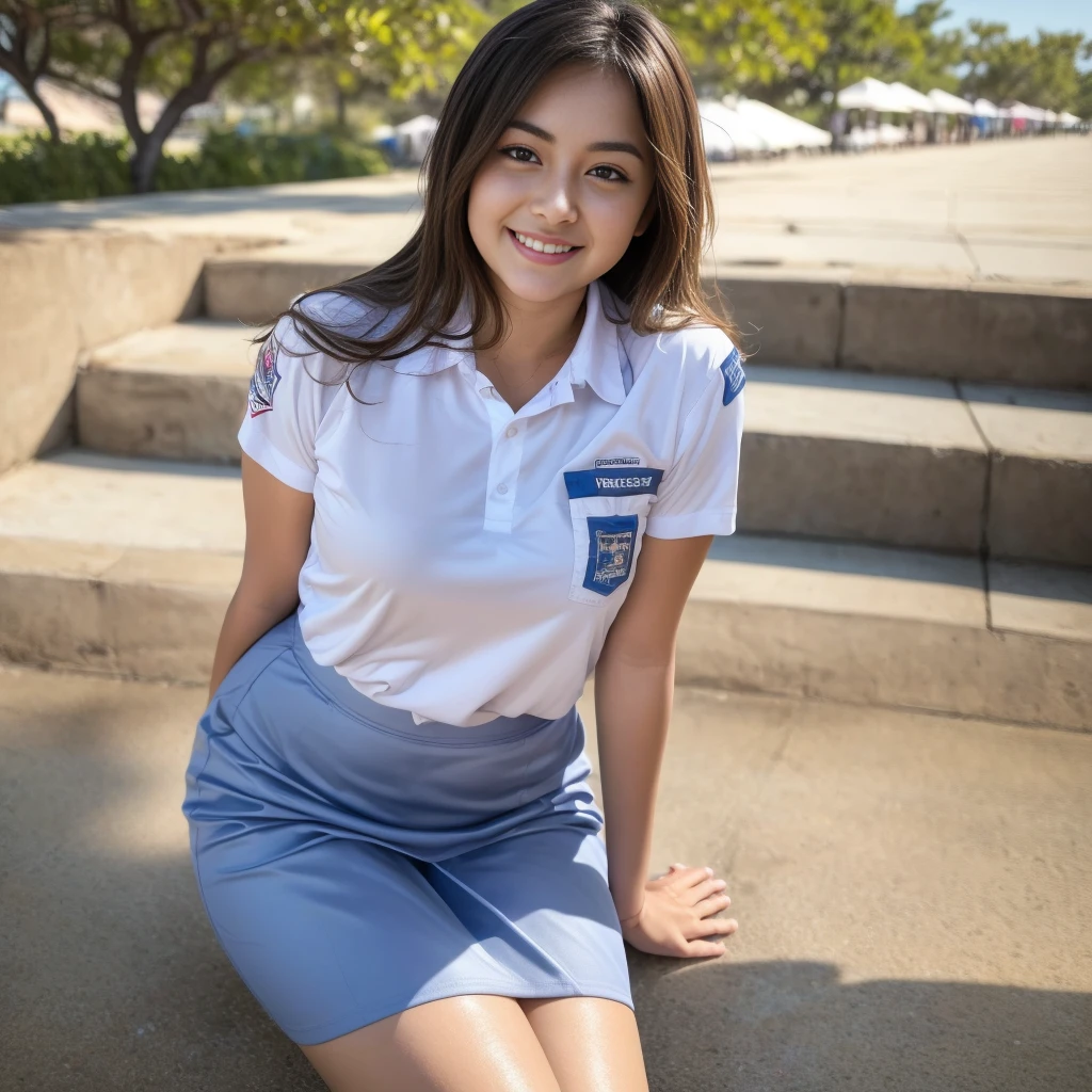 1 chica, solo, (uniform), En la playa, beautiful Realista city scenery at the background, sonrisa seductora, pechos gruesos, piel suave, camisa blanca ajustada, falda corta azul gris, Mirando al público, toma desde un ángulo bajo,(8K, foto cruda, mejor calidad, obra maestra: 1.3), (Realista, Realista: 1.37), Resolución ultra alta, vaquero 