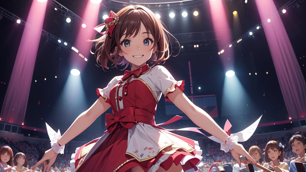 CG, Unity, 8k, wallpaper, Highest quality, masterpiece, One girl, Cheerful girl, 17 years old, Amami Haruka, sing, Please open your mouth wide, Idol Pose, (Bright smile: 1.2), Small symmetrical ribbons on either side of the head, Best lighting, Complex pupil, Intricate weaving, On the shining stage, She is the best idol, audience, Penlight