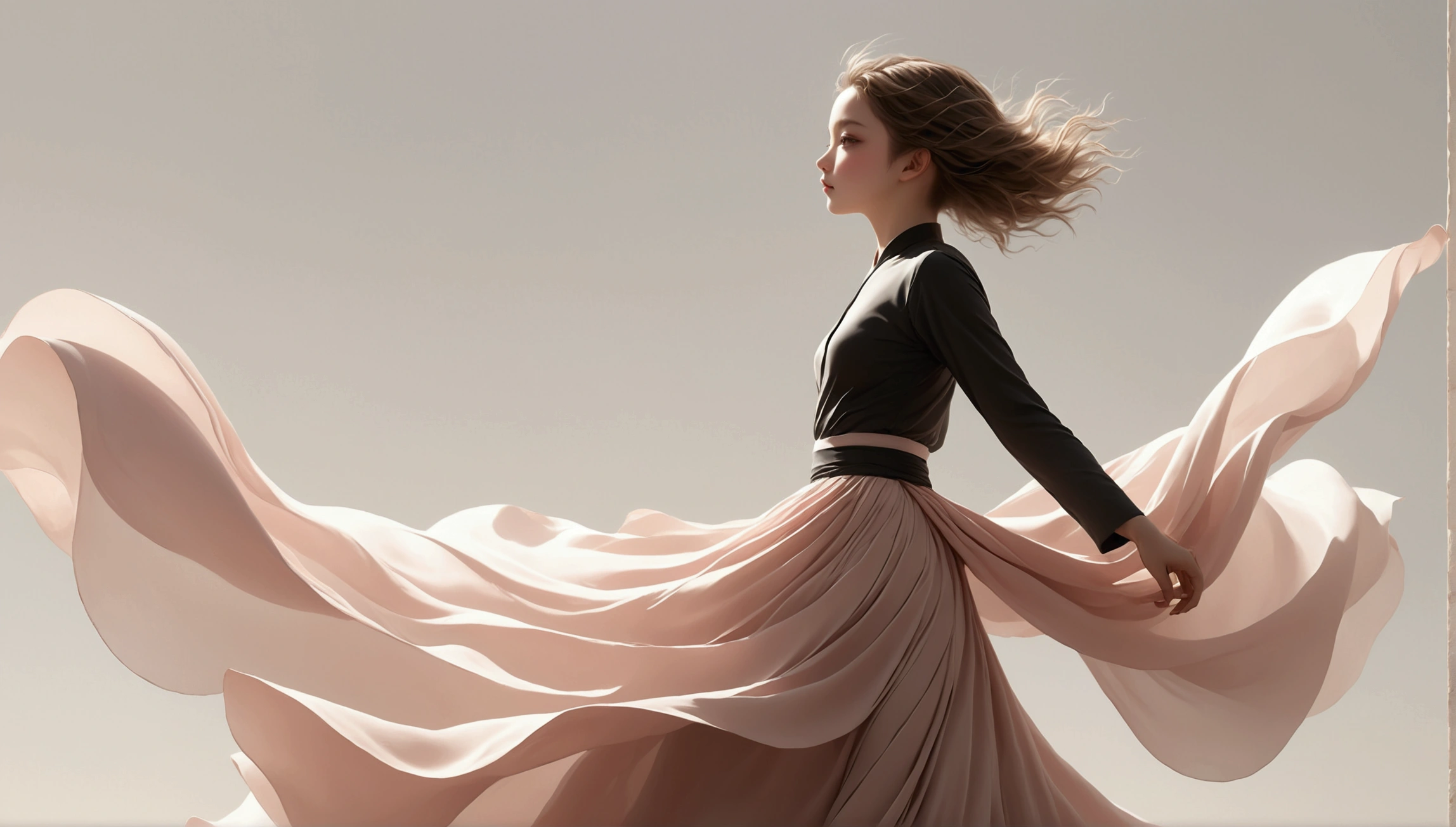 Beautiful dance photography；A little girl，Solitary；A dancing little girl；[Black Eyeball，confidence，High and cold，happy]；[Long skirt elegant style，Long sleeve；Set，Light pink and white gradient，Traditional style，The skirt has no pattern，The hem of the long skirt is like petals covering the background,Petal pattern,]；[Chinese dance]，[[[Full body panorama 1.5]]]，front；Composition：The character is on the right side of the screen；Long hair in the wind,advanced sense,Fashion, Still photography, Loop video, Fascinating movement, captivating visuals, Seamless integration, Compelling storytelling, Vortex phenomenon, Angled form, Dynamic Movement, Bold Geometric Shapes, Fragment shape, sharp contrast, Influence of modernism, nature, , modern Art, Astonishing, Unreal Background, Art from (Alessio Albi:1.1), Soft lighting, happy emotion,(close up, Face Focus), (Fractal Art) Extremely detailed,The most beautiful form of chaos, elegant； Simple style；Minimalism。Panoramic photography；Depth of Field, Extraordinary details, masterpiece, high quality, 4K，cinematic lighting, motion blur, depth of field, sparkle, ray tracing, reflection light, anatomically correct, uhd, textured skin, best quality, super detail, highres, high details, accurate, high quality, award winning