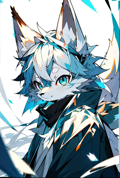 Depth of Field，Perfect lighting，Light Particles，（best quality），（Top quality）（masterpiece），（Extremely detailed），arctic fox，blue fur，White ears，concentrated，Sharp eyes，blue eyes，hairy，Common，Blue Fox，blue，hairy，Blue and white tail，Long Tail，White hair，front，Upper Body