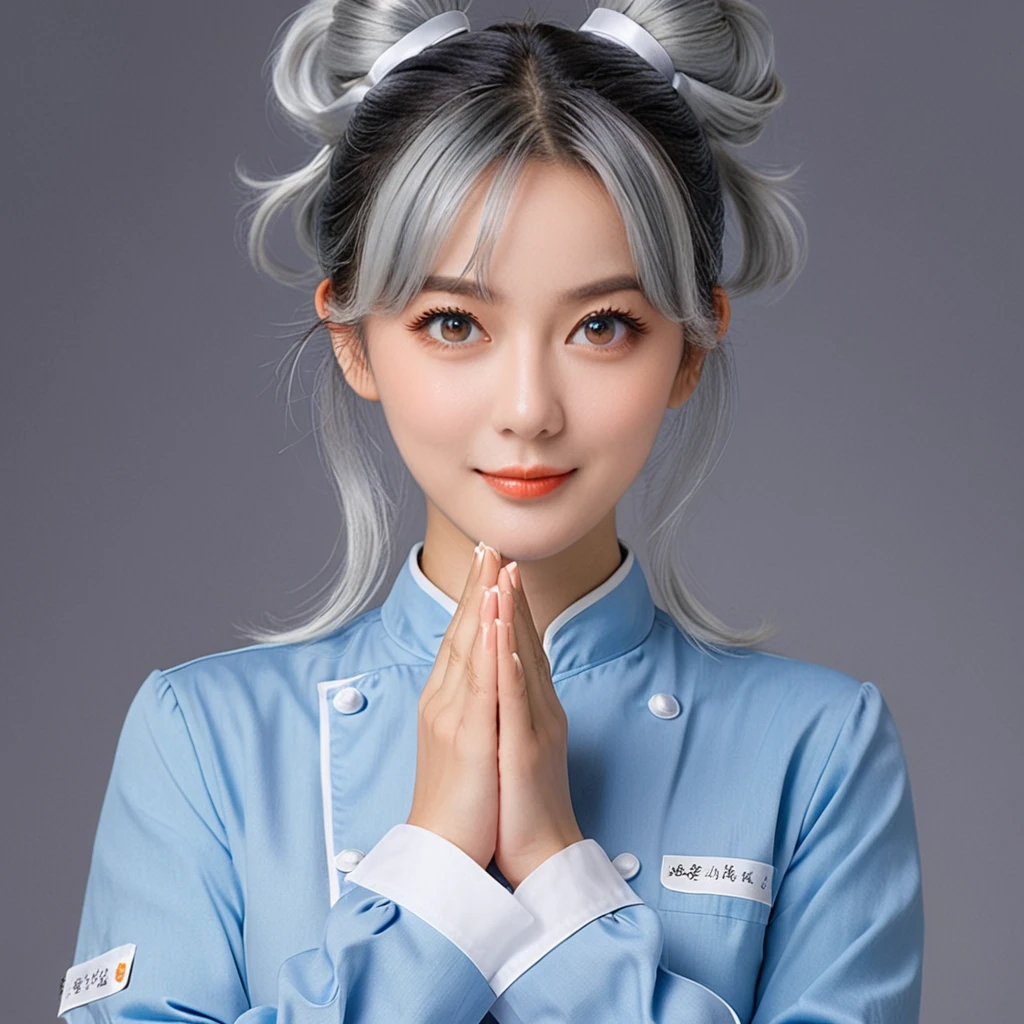 Beautiful detailed girl, Blue Costume, Classically dressed chef, ponytail, Silver Hair, My boss has it, Pose with your hands together, like々A funny expression, Orange eyes