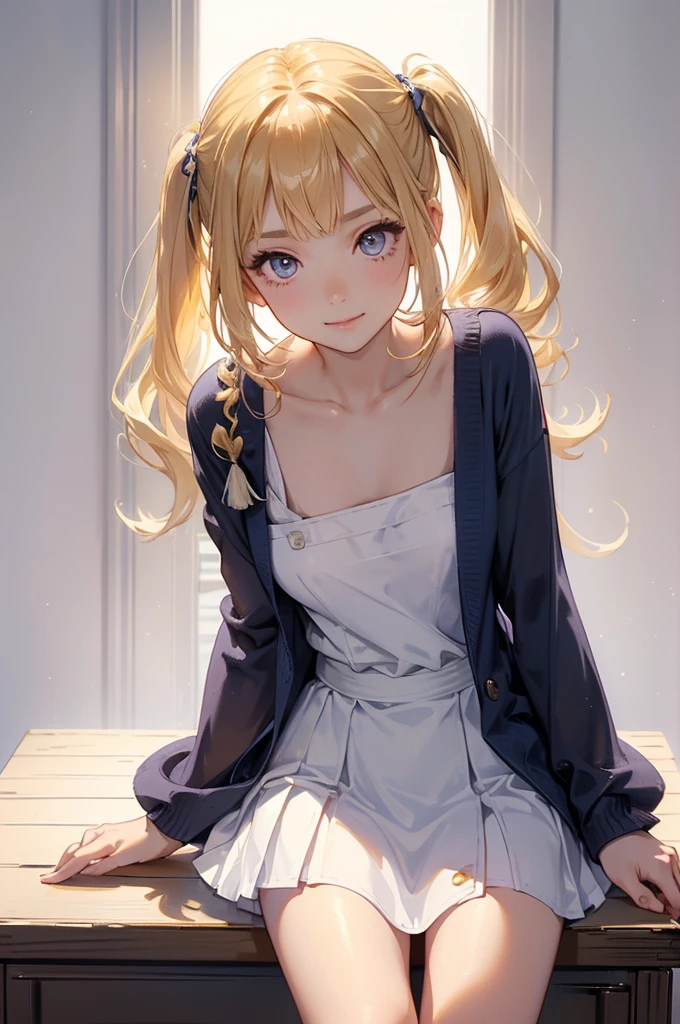 Browsing Caution:1.4, 8k, expensiveest quality, masterpiece, Vibrant, Real person, Unity 8k による壁紙, School classroom、Sit at a desk、Sit with your legs apart、(1 girl) , Beautiful Eyes, (Delicate face) , Perfect detail, (Best lighting) , (超Complexdetailed),、(Shooting from below:1.5)、Peeking out from under the skirt、Cowboy Shot、{Low Angle:1.4}、Showing panties、Laughter、Smiling girl、expensive , {Navy Blue Blazer:1.2}、{White shirt}、{Yellow ribbon}、{Grey pleated skirt}、((Small breasts:1.2))、Wearing a proper uniform、(1 girl),(Beautiful Eyes、detailedに描かれた、Look at the detailasterpieceサイドライト、masterpiece、expensiveest quality、detailed、High resolution illustrations),Delicate makeup, (close:1.2)、throw、Soft focus ground bokeh、Turn to me and smile,black eye,Half-up hairstyle with short bangs((blonde)))、Curly Hair,short hair, ((Low twin towel:1.3), (Short pigtails:1.3), 非常にdetailedな, Complex, Tabletop, Small Ass、thin texpensives