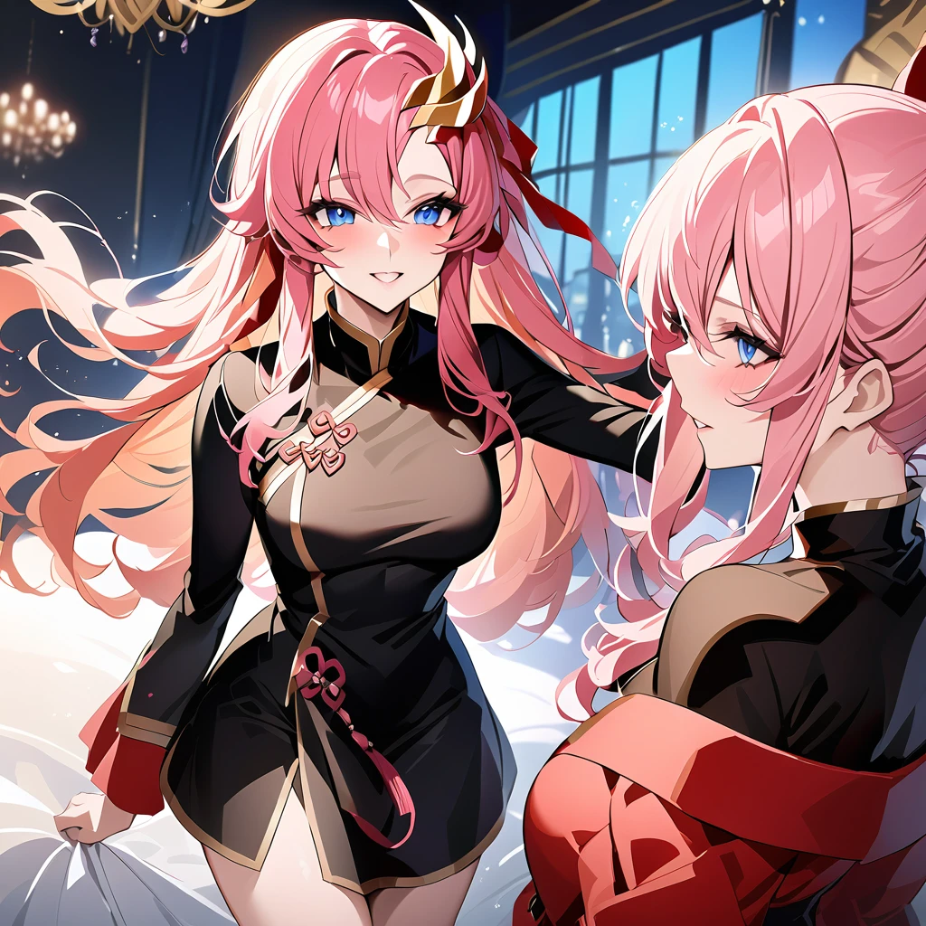 ((Highest quality)), ((masterpiece)), (detailed), （Perfect Face）、The woman is Lacus Clyne, with blue eyes, medium-long pink hair, a hair accessory, and an engagement ring. She is the beloved wife of Orpheus Ram Tao and the queen of the Foundation.、The woman is an evil queen wearing a black vintage Chinese dress with gorgeous gold embroidery and trim and lavish accessories.