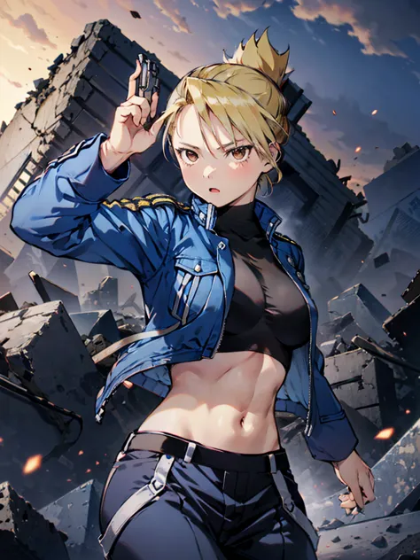 masterpiece, highest quality, high resolution, one girl, (riza hawkeye, blue jacket), folded ponytail, brown eyes, (rubble backg...